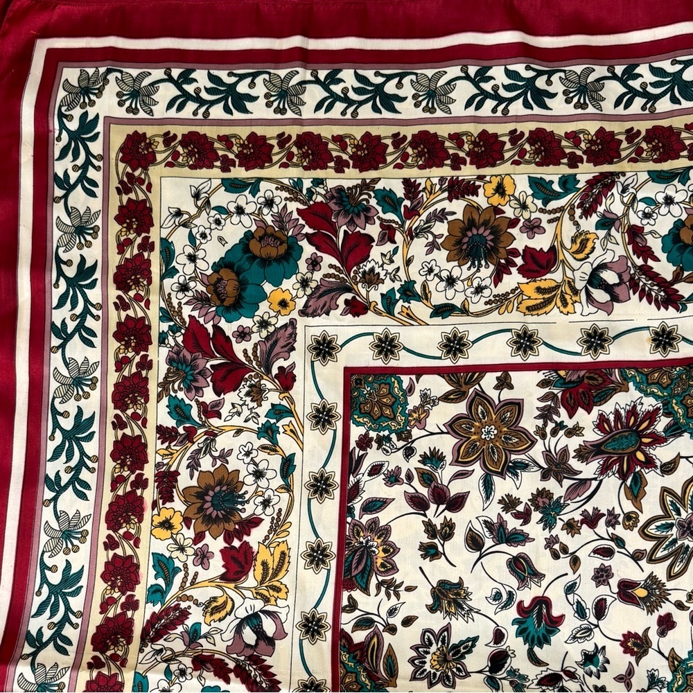 Large 42” Floral Silk Scarf Colorful Shawl Multi Border Red Green Gold Burgundy